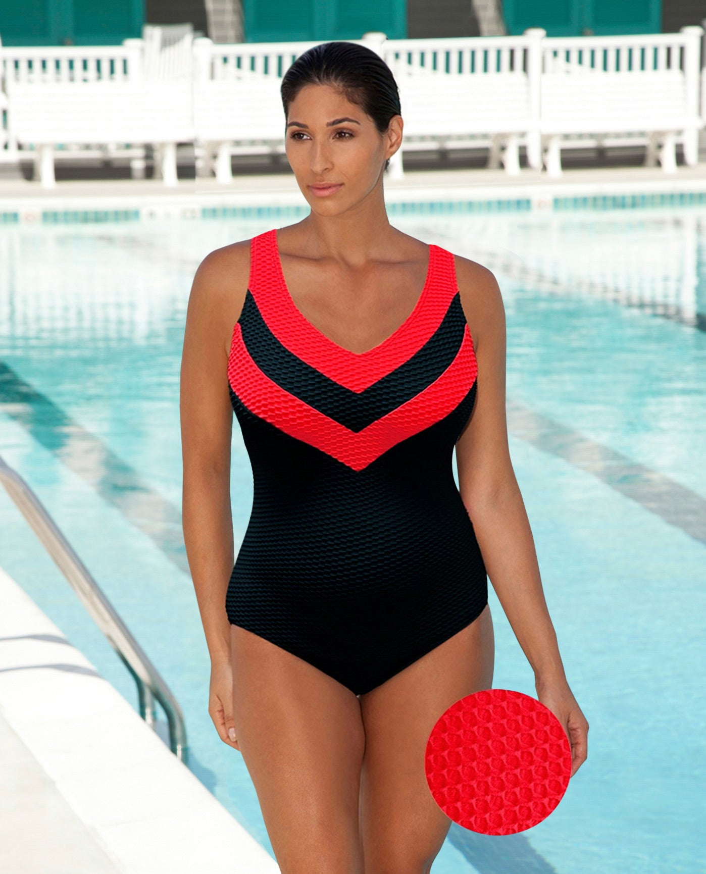 FRONT VIEW OF CHLORINE RESISTANT AQUAMORE COLOR BLOCK TEXTURED CHEVRON V-NECK ONE PIECE SWIMSUIT | 616 AQT TEXTURED SCARLET