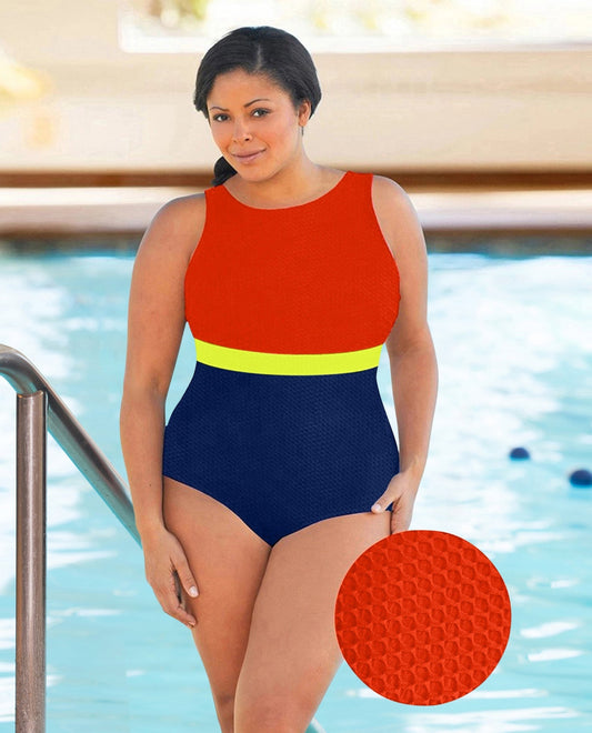 FRONT VIEW OF CHLORINE RESISTANT AQUAMORE COLOR BLOCK TEXTURED HIGH NECK PLUS SIZE SWIMSUIT | 603 AQT TEXTURED CHILI