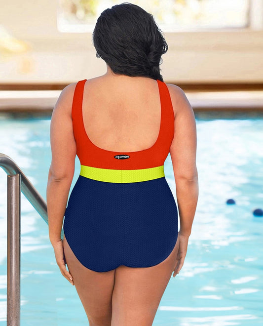 BACK VIEW OF CHLORINE RESISTANT AQUAMORE COLOR BLOCK TEXTURED HIGH NECK PLUS SIZE SWIMSUIT | 603 AQT TEXTURED CHILI
