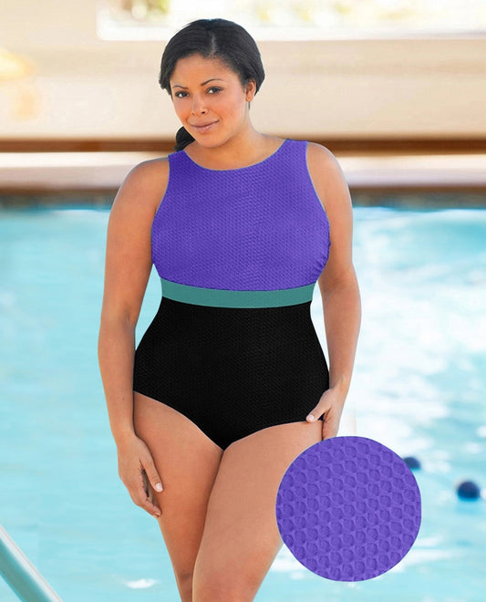 FRONT VIEW OF CHLORINE RESISTANT AQUAMORE COLOR BLOCK TEXTURED HIGH NECK PLUS SIZE SWIMSUIT | 608 AQT TEXTURED PURPLE