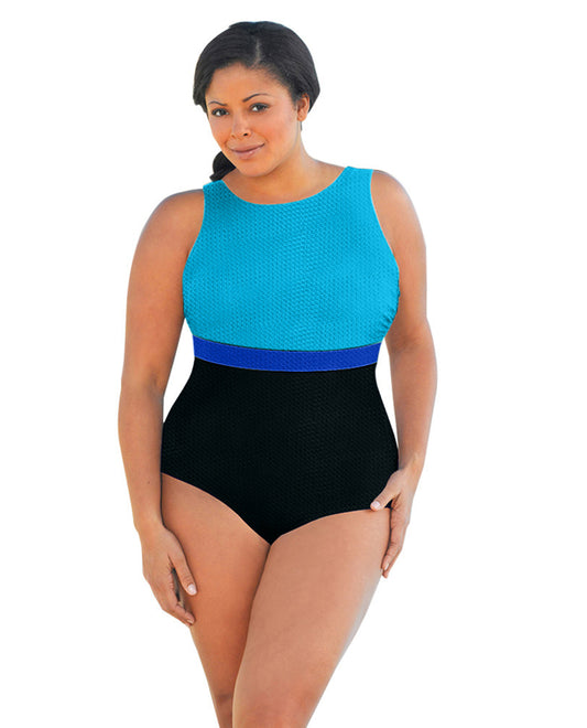FRONT OF CHLORINE RESISTANT AQUAMORE SEA COLOR BLOCK TEXTURED SCOOP NECK PLUS SIZE SWIMSUIT | 613 AQT TEXTURED SEA