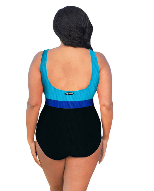 BACK OF CHLORINE RESISTANT AQUAMORE SEA COLOR BLOCK TEXTURED SCOOP NECK PLUS SIZE SWIMSUIT | 613 AQT TEXTURED SEA