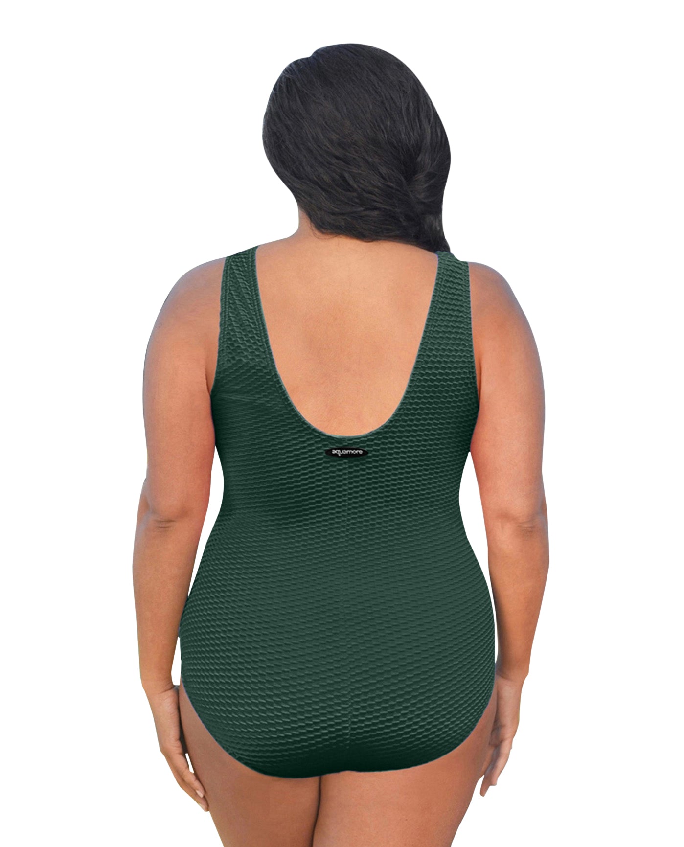 BACK OF CHLORINE RESISTANT AQUAMORE HUNTER TEXTURED SCOOP NECK PLUS SIZE SWIMSUIT | 505 AQT TEXTURED HUNTER