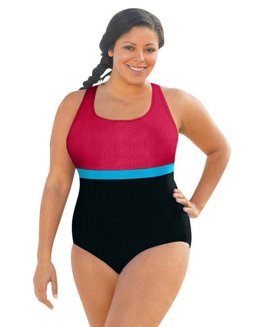 FRONT OF CHLORINE RESISTANT AQUAMORE RASPBERRY COLOR BLOCK TEXTURED SCOOP NECK PLUS SIZE SWIMSUIT | 609 AQT TEXTURED BERRY