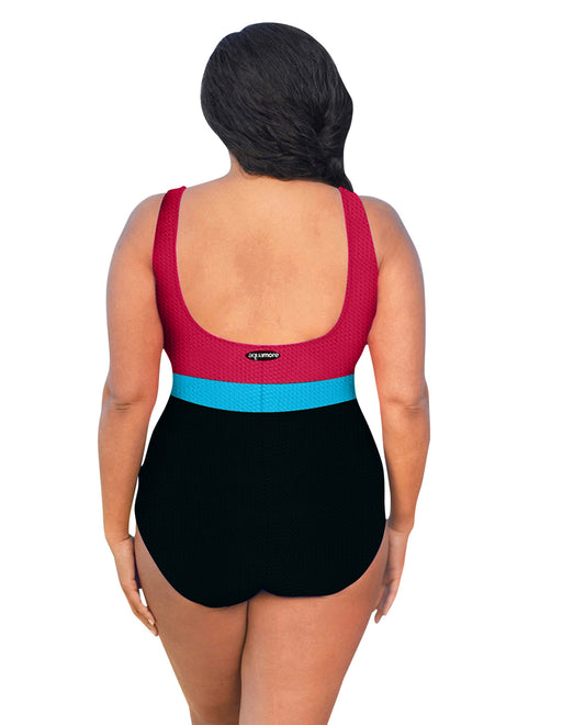 BACK OF CHLORINE RESISTANT AQUAMORE RASPBERRY COLOR BLOCK TEXTURED SCOOP NECK PLUS SIZE SWIMSUIT | 609 AQT TEXTURED BERRY