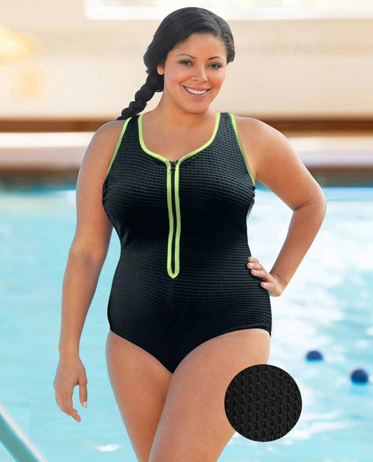 FRONT VIEW OF CHLORINE RESISTANT AQUAMORE COLOR BLOCK TEXTURED ZIPPER SWEETHEART NECK PLUS SIZE SWIMSUIT | 614L AQT TEXTURED CHARTREUSE