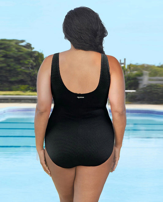 BACK VIEW OF CHLORINE RESISTANT AQUAMORE COLOR BLOCK TEXTURED TWIST FRONT PLUS SIZE SWIMSUIT | 501 AQT TEXTURED AZURE