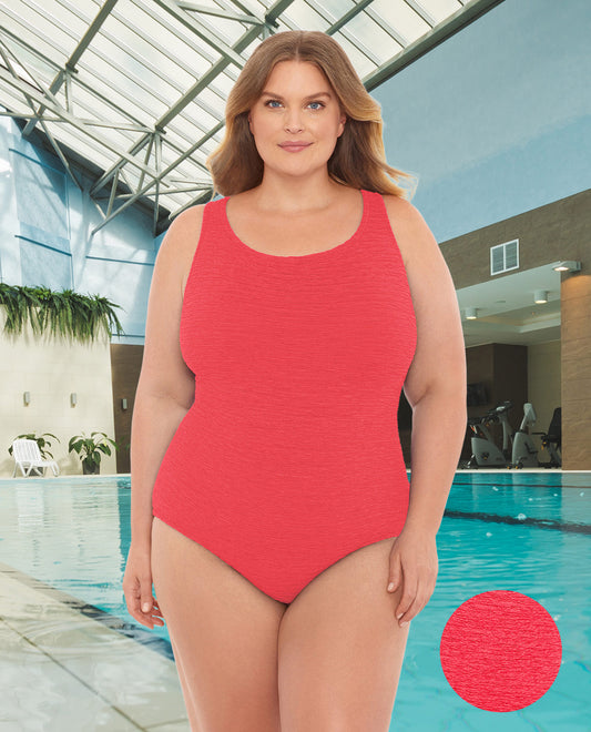 FRONT VIEW OF CHLORINE RESISTANT KRINKLE TEXTURED SOLID CROSS BACK PLUS SIZE ONE PIECE | KRINKLE GERANIUM