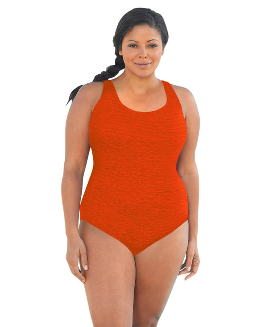 FRONT OF CHLORINE RESISTANT KRINKLE TEXTURED TANGERINE SOLID CROSS BACK PLUS SIZE ONE PIECE | KRINKLE TANGERINE