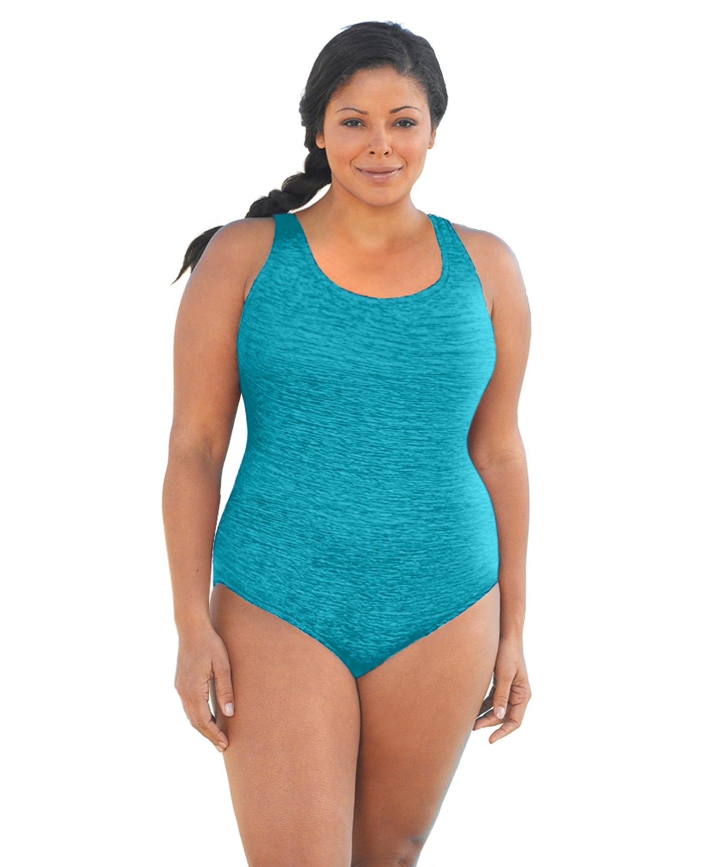 FRONT OF CHLORINE RESISTANT KRINKLE TEXTURED JADE SOLID CROSS BACK PLUS SIZE D-CUP ONE PIECE | KRINKLE JADE