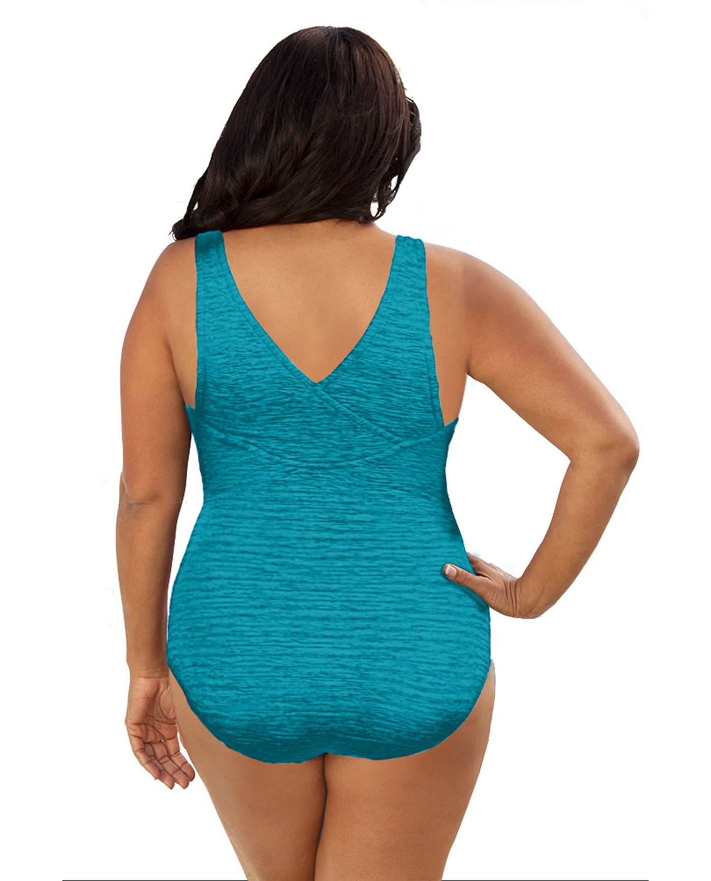 BACK OF CHLORINE RESISTANT KRINKLE TEXTURED JADE SOLID CROSS BACK PLUS SIZE D-CUP ONE PIECE | KRINKLE JADE
