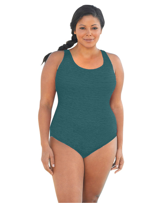 FRONT OF CHLORINE RESISTANT KRINKLE TEXTURED STORM SOLID CROSS BACK PLUS SIZE D-CUP ONE PIECE | KRINKLE STORM