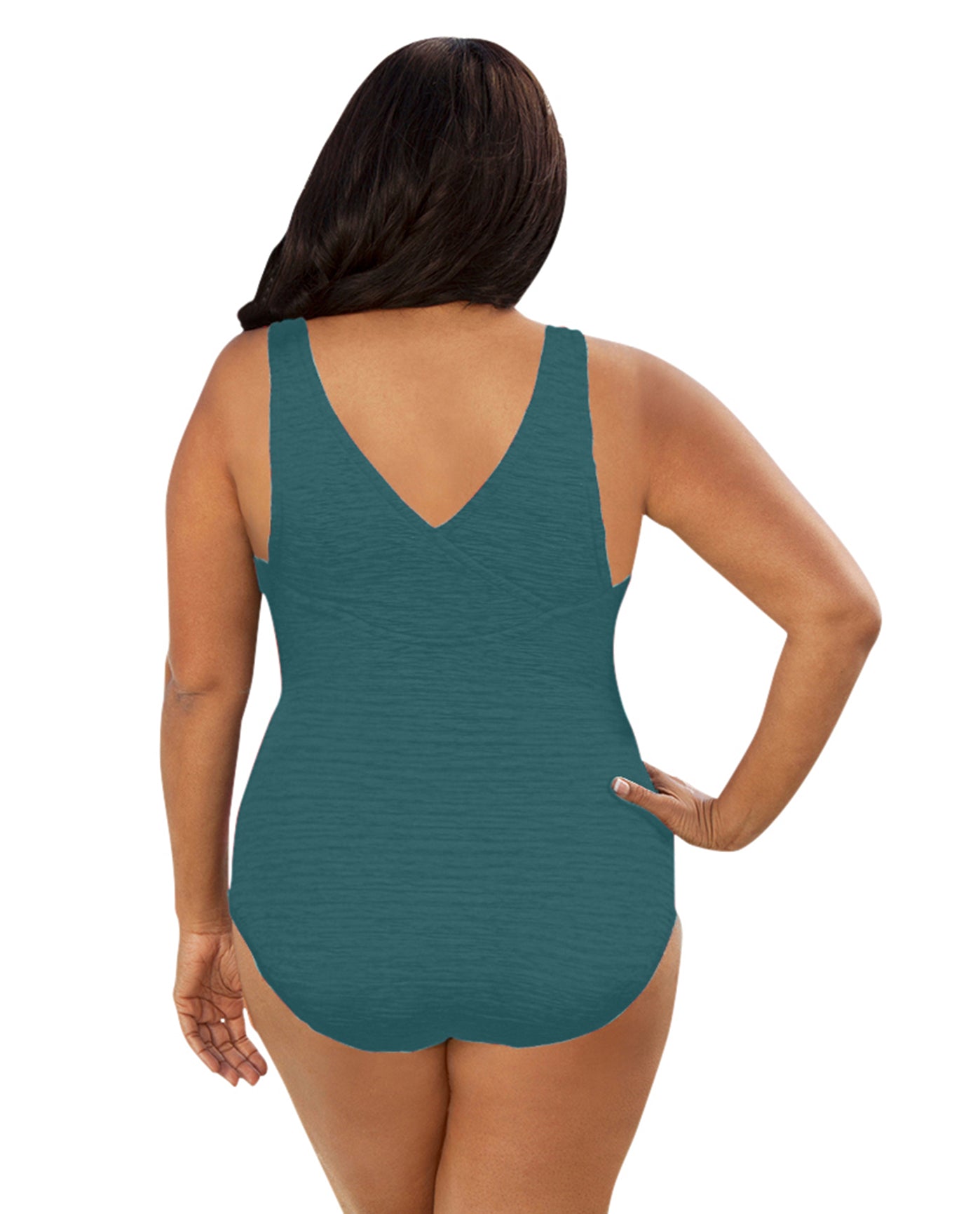 BACK OF CHLORINE RESISTANT KRINKLE TEXTURED STORM SOLID CROSS BACK PLUS SIZE D-CUP ONE PIECE | KRINKLE STORM