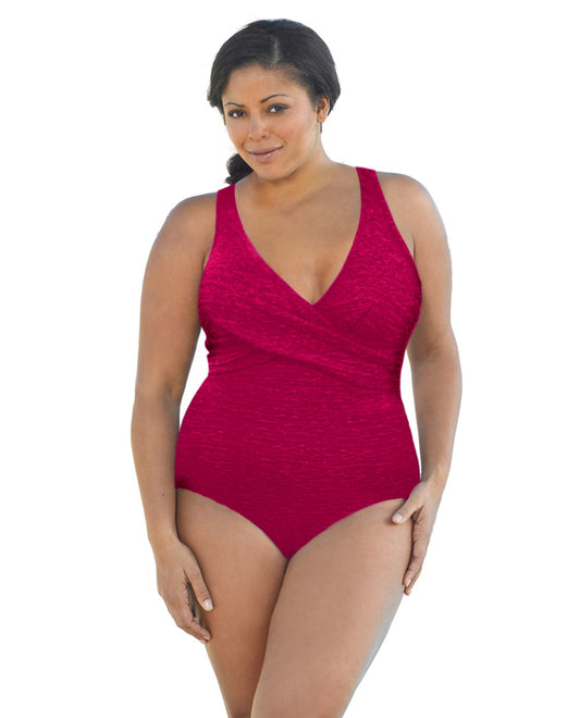 FRONT OF CHLORINE RESISTANT KRINKLE TEXTURED POPPY SOLID TWIST FRONT PLUS SIZE ONE PIECE | KRINKLE POPPY