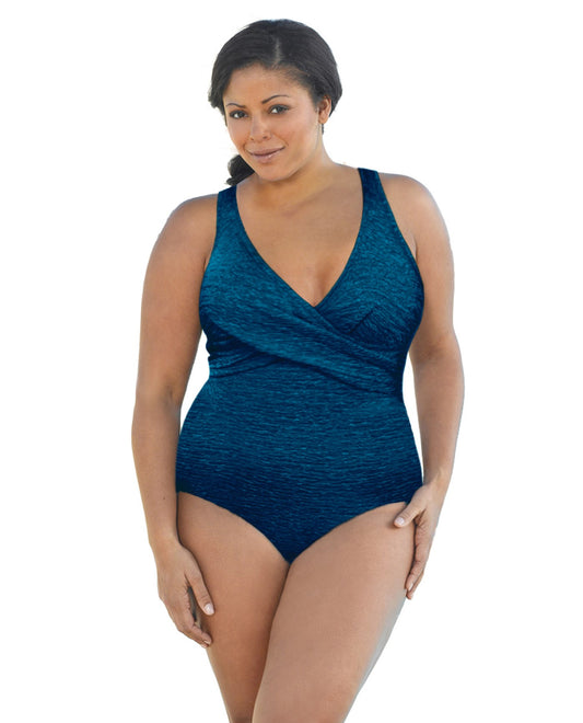 FRONT OF CHLORINE RESISTANT KRINKLE TEXTURED MYKONOS BLUE SOLID TWIST FRONT PLUS SIZE LONG TORSO ONE PIECE | KRINKLE MYKONOS BLUE