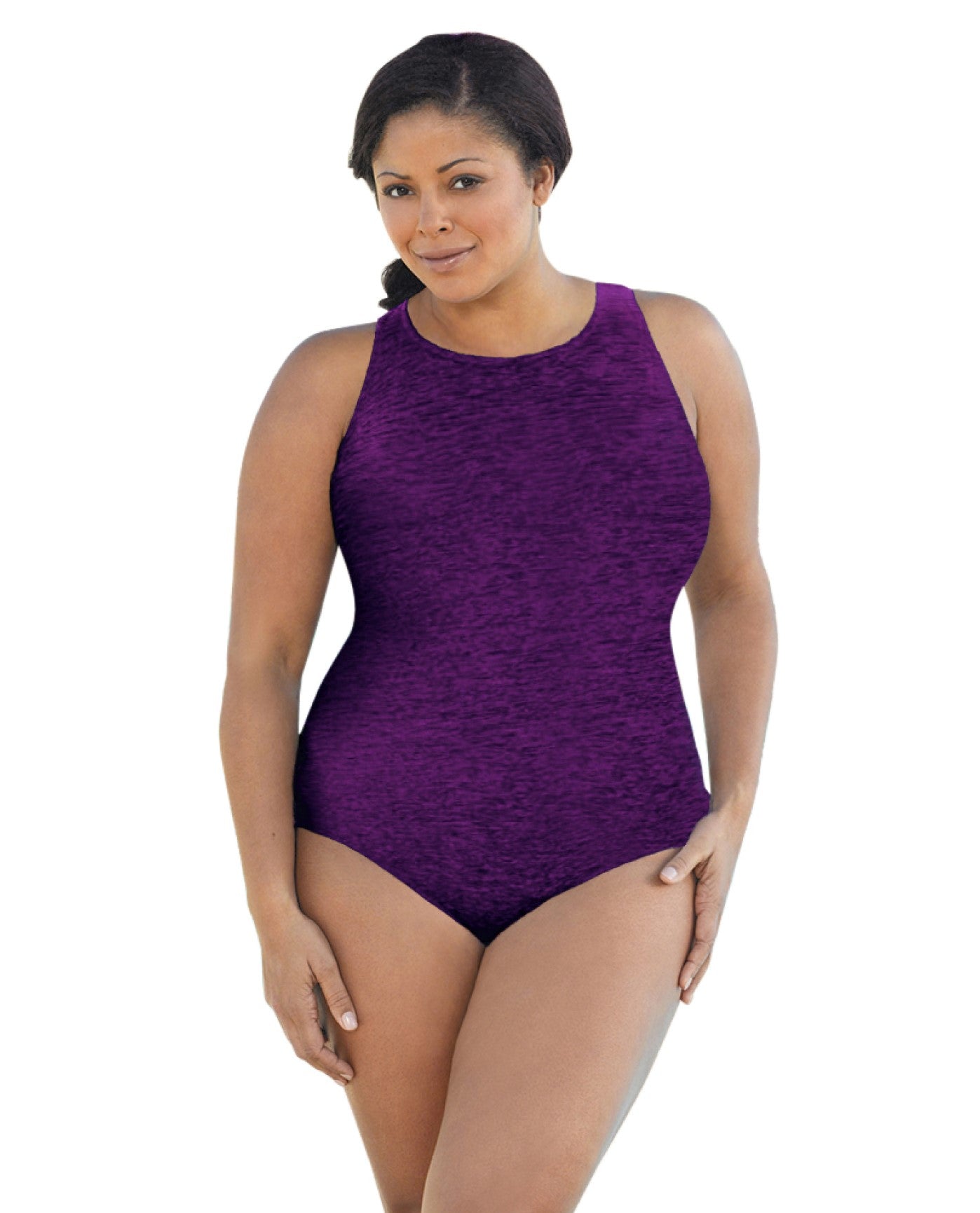 FRONT VIEW OF CHLORINE RESISTANT KRINKLE TEXTURED ACAI PURPLE SOLID HIGH NECK PLUS SIZE ONE PIECE | KRINKLE ACAI PURPLE