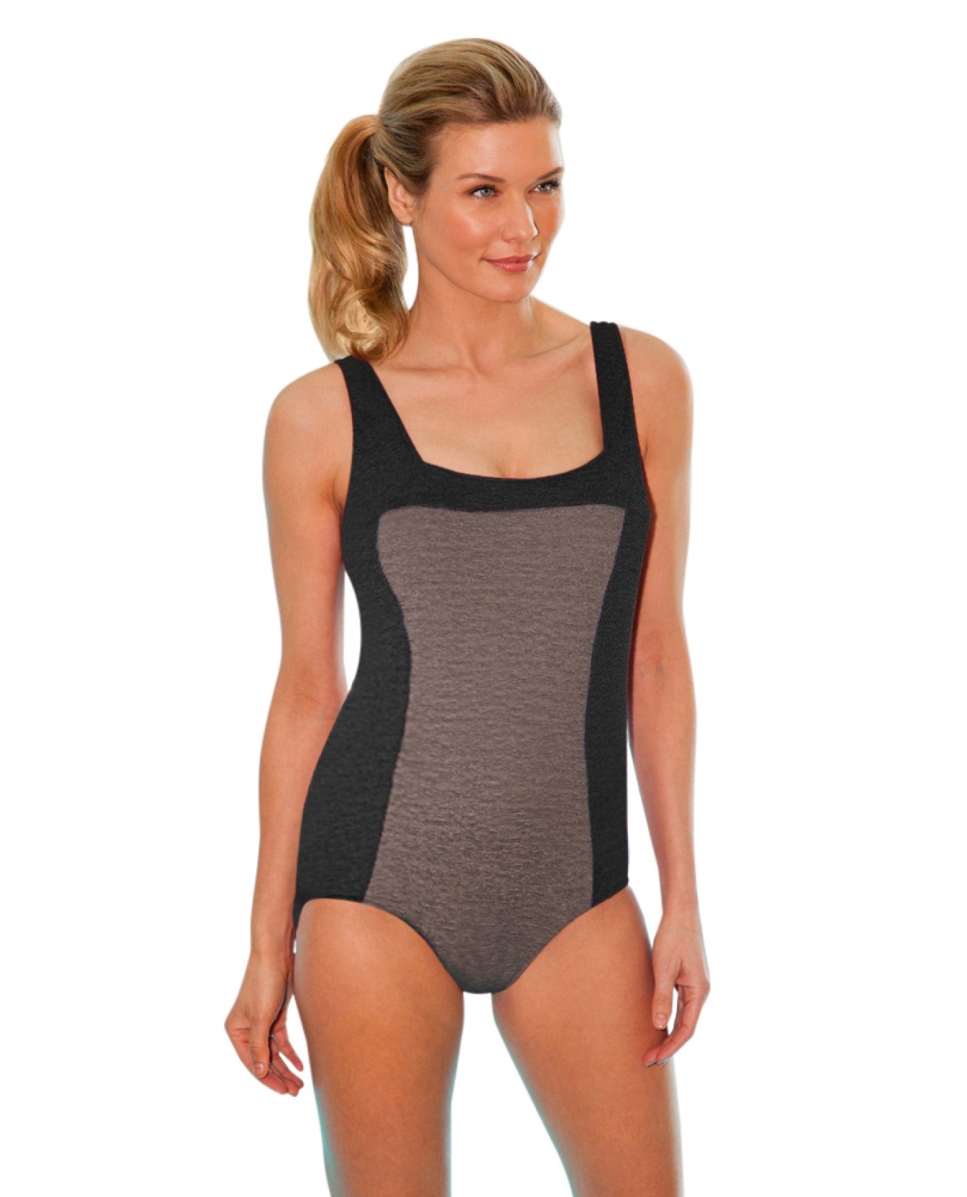 FRONT OF CHLORINE RESISTANT KRINKLE TEXTURED MINERAL SOLID SQUARE NECK ONE PIECE | KRINKLE MINERAL