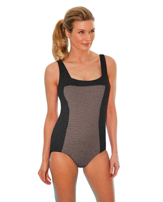 FRONT OF CHLORINE RESISTANT KRINKLE TEXTURED MINERAL SOLID SQUARE NECK ONE PIECE | KRINKLE MINERAL