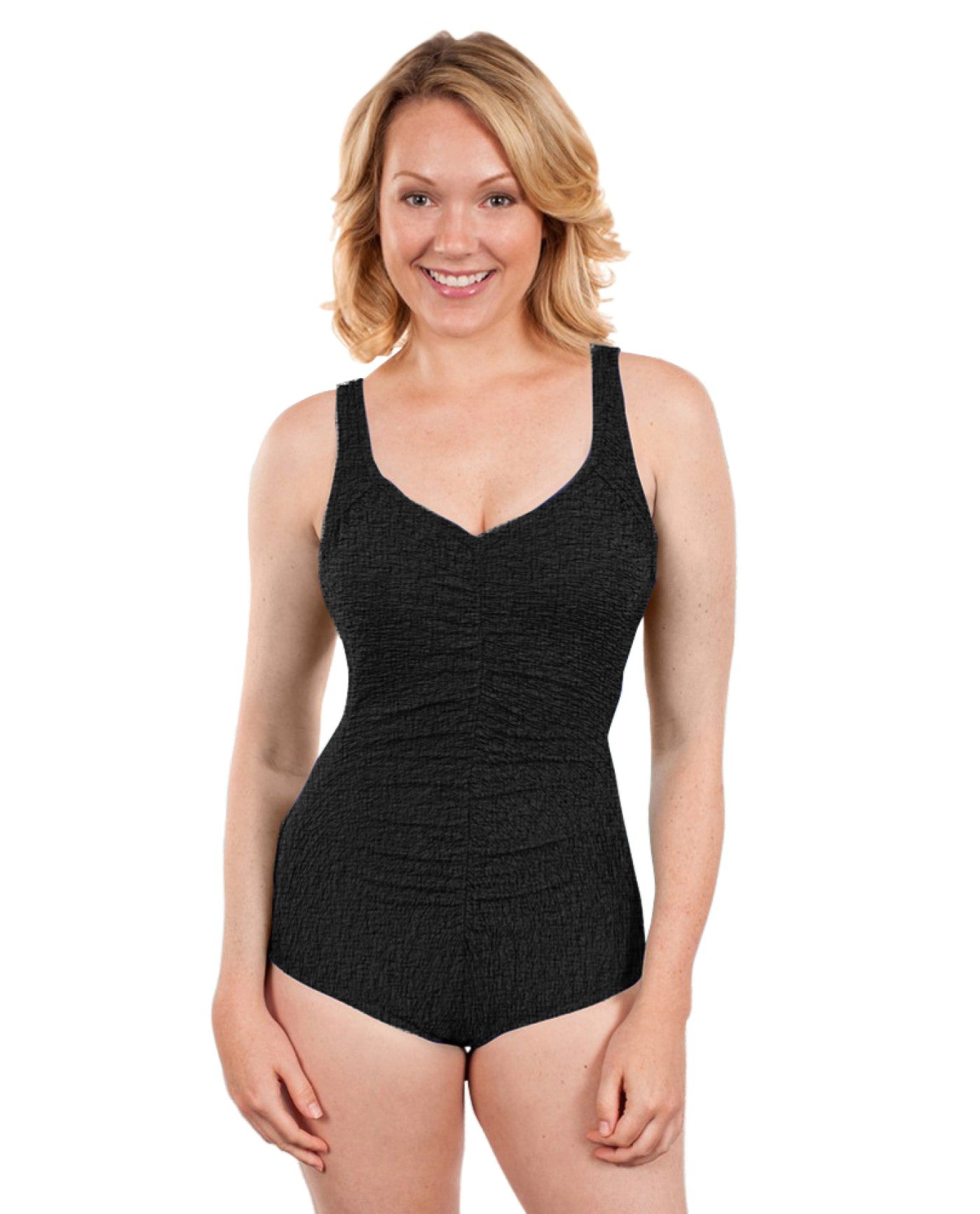 FRONT VIEW OF CHLORINE RESISTANT KRINKLE TEXTURED BLACK SOLID CENTER SHIRRED SCOOP BACK ONE PIECE | KRINKLE BLACK