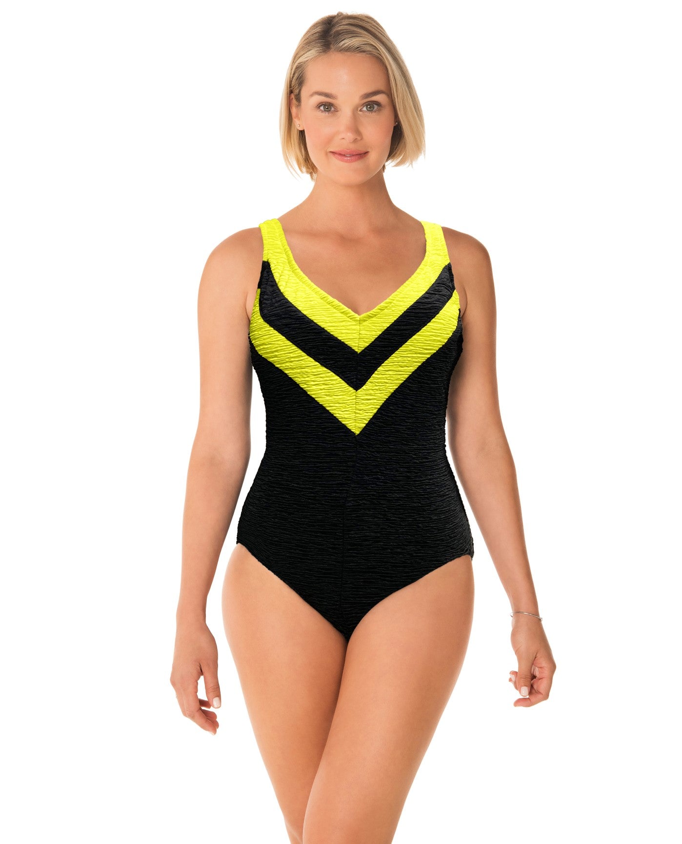 FRONT OF CHLORINE RESISTANT KRINKLE TEXTURED YELLOW COLOR BLOCK SPORT V-NECK ONE PIECE | KRINKLE YELLOW
