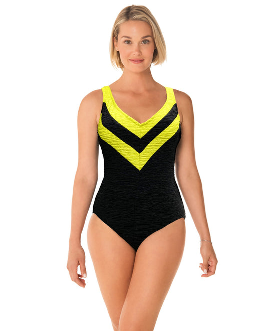 FRONT OF CHLORINE RESISTANT KRINKLE TEXTURED YELLOW COLOR BLOCK SPORT V-NECK ONE PIECE | KRINKLE YELLOW