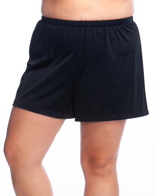 FRONT OF CHLORINE RESISTANT MAXINE OF HOLLYWOOD BLACK SOLID JOGGER PLUS SIZE SHORT SWIM BOTTOM | MOH BLACK