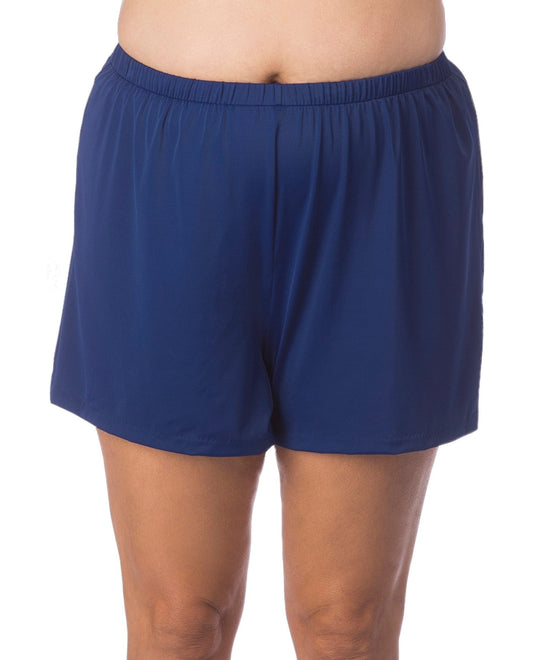 FRONT OF CHLORINE RESISTANT MAXINE OF HOLLYWOOD NAVY SOLID JOGGER PLUS SIZE SHORT SWIM BOTTOM | MOH NAVY