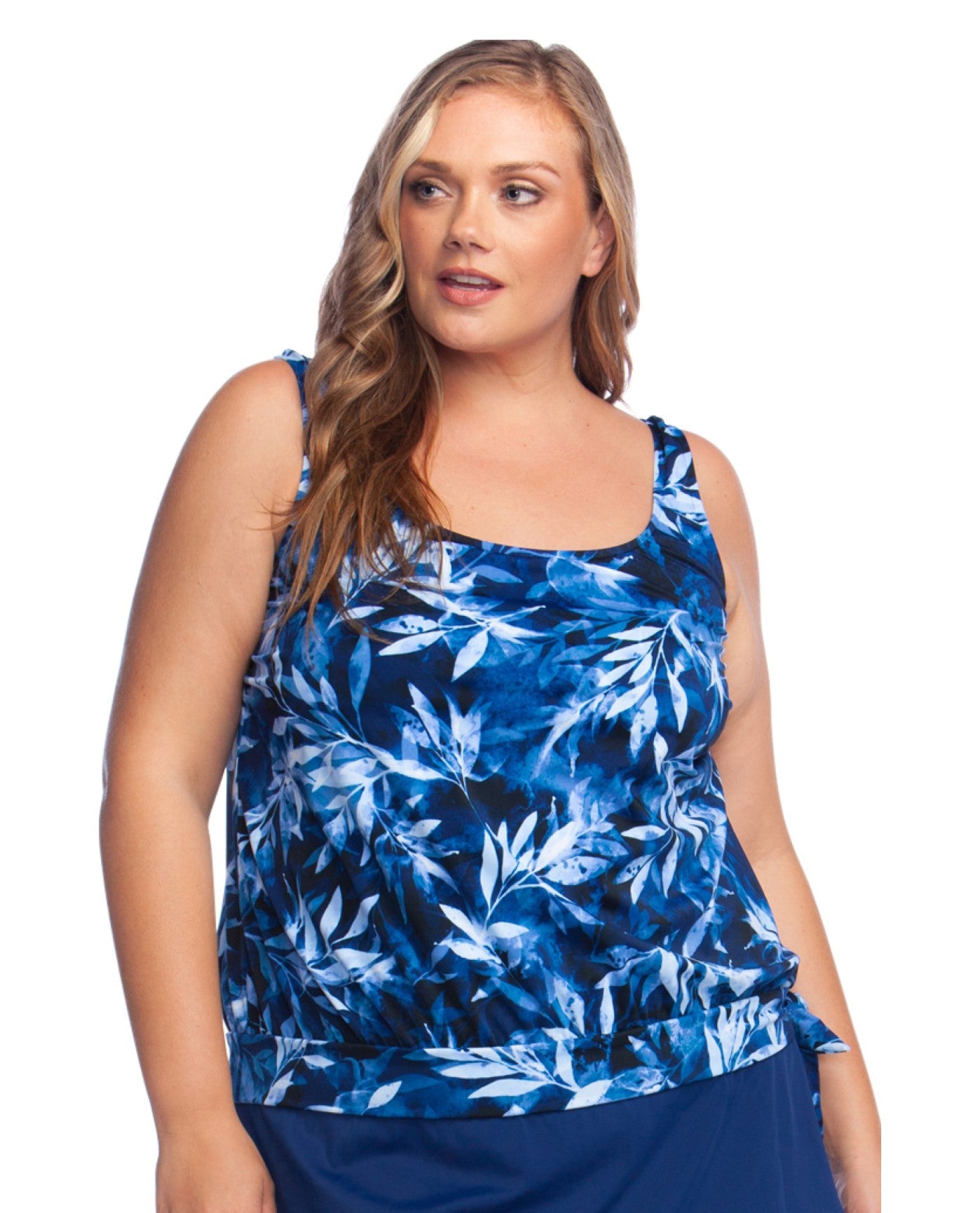 FRONT OF CHLORINE RESISTANT MAXINE OF HOLLYWOOD IN THE NAVY PLUS SIZE BANDED SCOOP BLOUSON PLUS SIZE TANKINI TOP | MOH NAVY