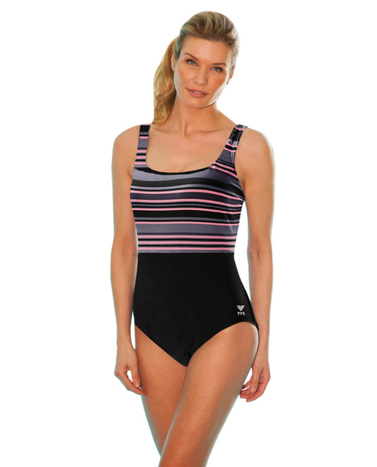 FRONT OF CHLORINE RESISTANT TYR BLACK AND PINK ELITE DELRAY ONE PIECE SWIMSUIT | 121 TYR DELRAY PINK