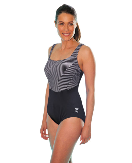 FRONT OF CHLORINE RESISTANT TYR BLACK MONROE STRIPE ONE PIECE SWIMSUIT | 088 TYR BLACK MONROE STRIPE | 088 TYR BLACK MONROE STRIPE