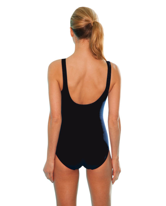 BACK VIEW OF CHLORINE RESISTANT TYR BLACK AND GREY ELITE STIRLING ONE PIECE SWIMSUIT| 088 TYR STERLING GREY