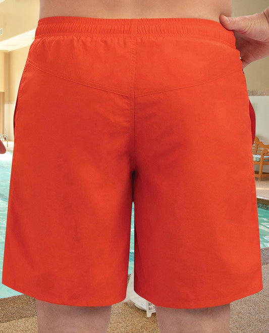 Back View Of CHLORINE RESISTANT DOLFIN SOLID 9 INCH MENS SWIM TRUNKS | 210 DOLFIN ORANGE