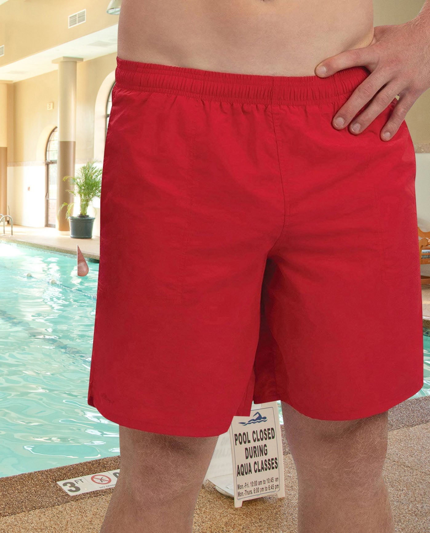 Front View Of CHLORINE RESISTANT DOLFIN SOLID 9 INCH MENS SWIM TRUNKS | 250 DOLFIN RED
