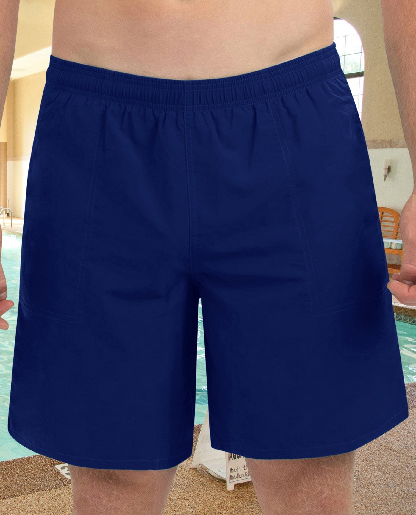 Front View Of CHLORINE RESISTANT DOLFIN SOLID 9 INCH MENS SWIM TRUNKS | NAVY