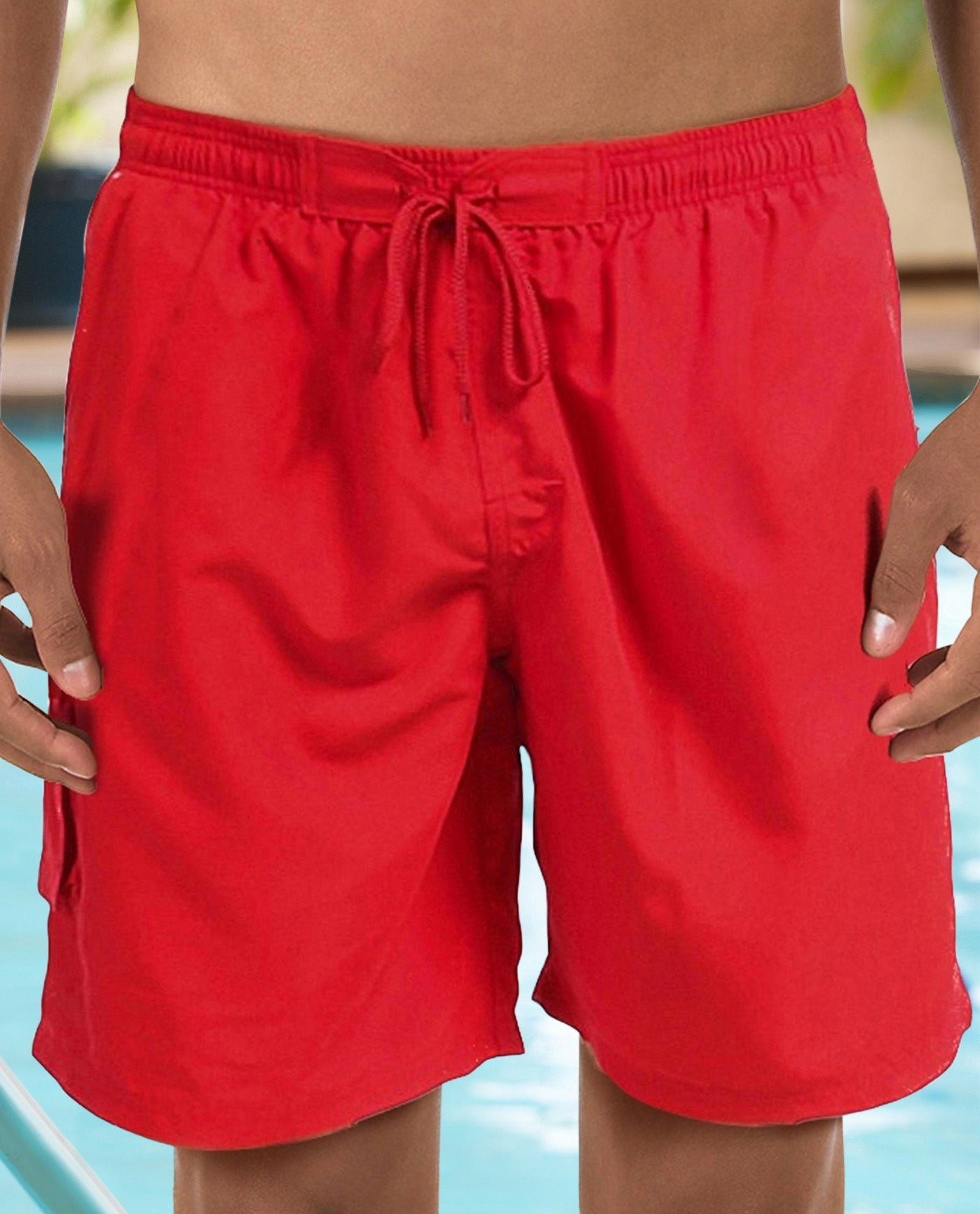 Front View Of CHLORINE RESISTANT DOLFIN SOLID MENS BOARD SHORT | 250 DOLFIN RED