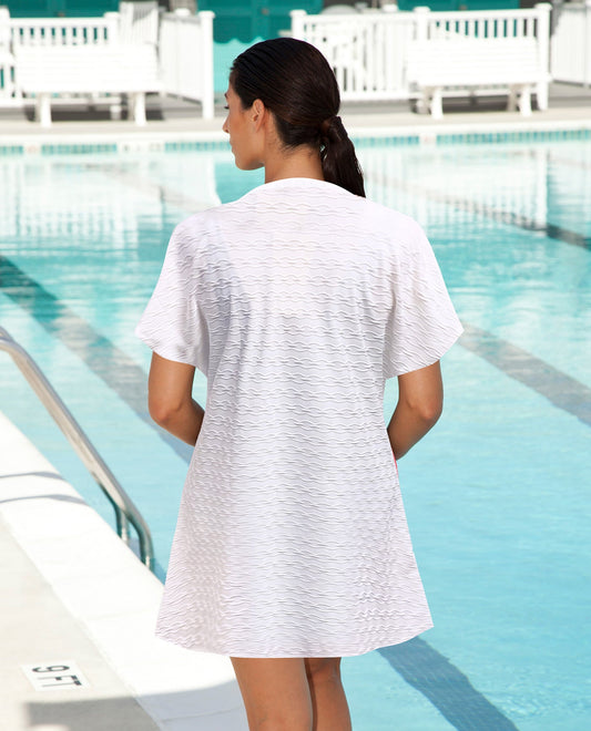 BACK VIEW OF AQUAMORE SOLID TEXTURED CAP SLEEVE BUTTON UP COVER UP TUNIC | 016 AQM TEXTURED CREAM
