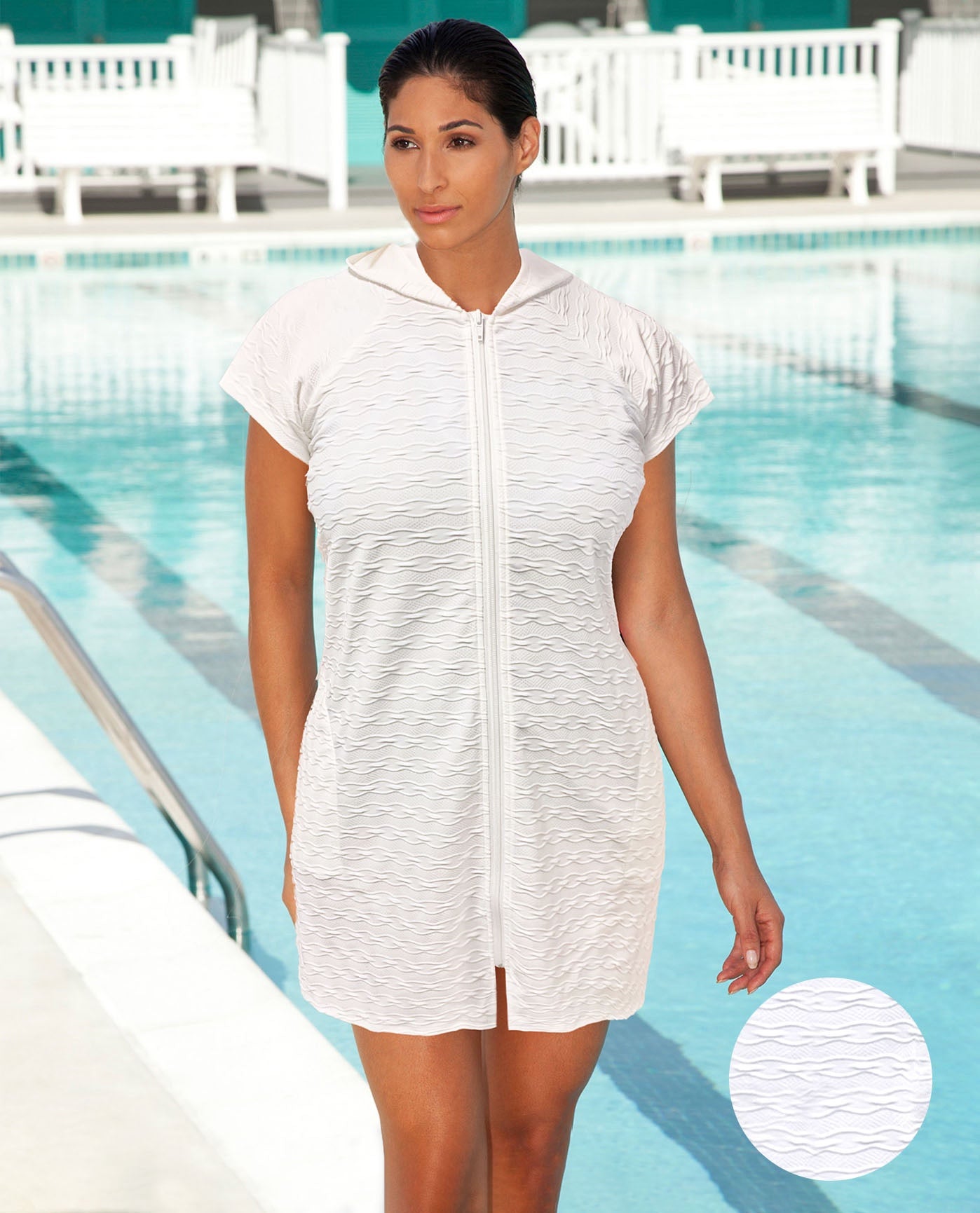 FRONT VIEW OF AQUAMORE SOLID TEXTURED ZIPPER HOODIE COVER UP TUNIC | 016 AQM TEXTURED CREAM