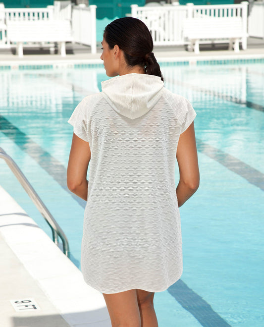 BACK VIEW OF AQUAMORE SOLID TEXTURED ZIPPER HOODIE COVER UP TUNIC | 016 AQM TEXTURED CREAM