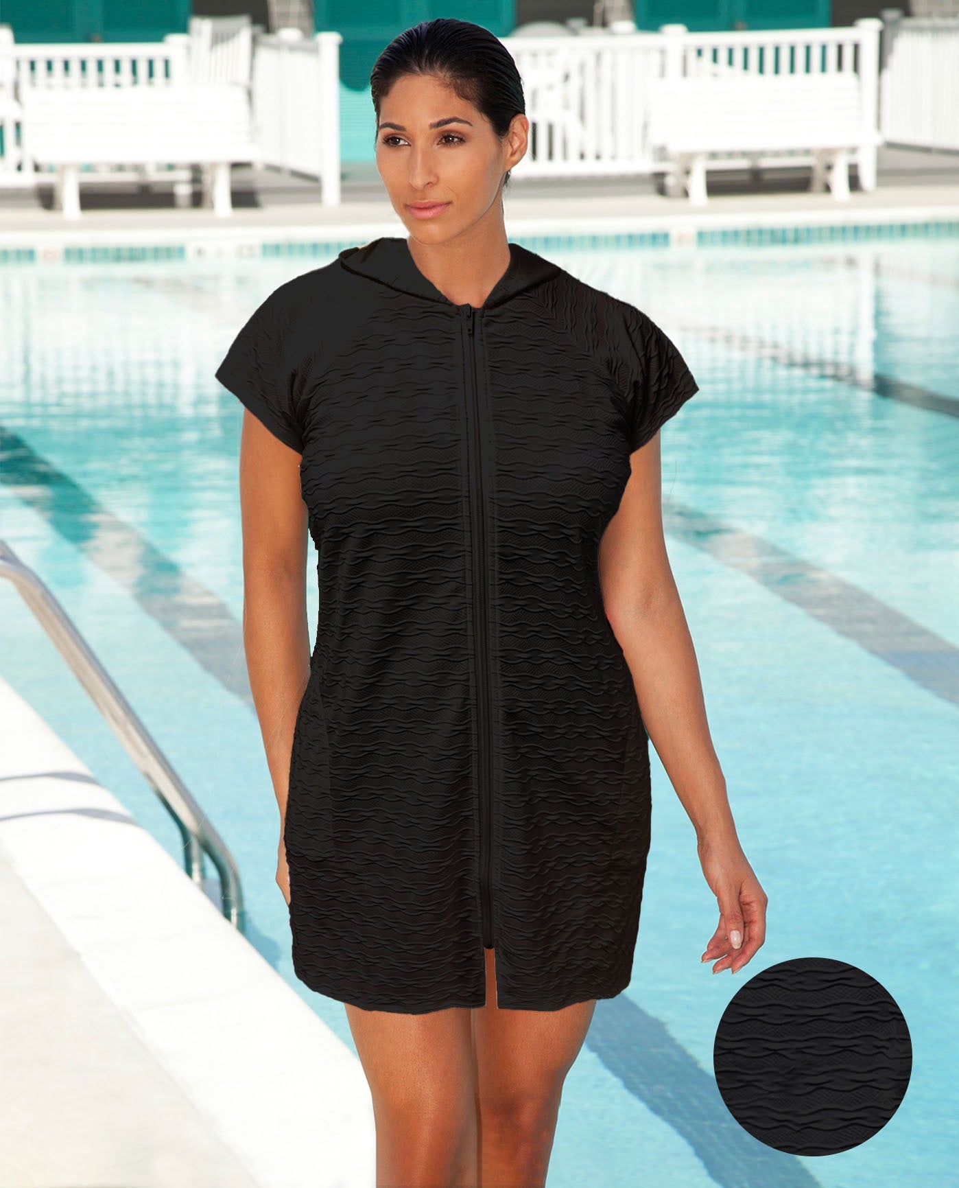 FRONT VIEW OF AQUAMORE SOLID TEXTURED ZIPPER HOODIE COVER UP TUNIC | 017 AQM TEXTURED BLACK