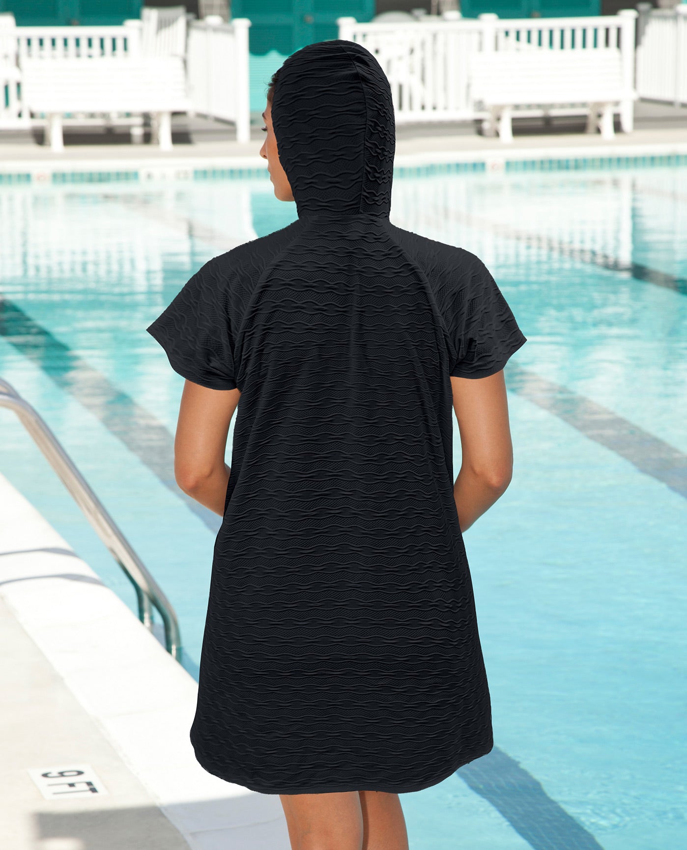 HOOD UP BACK VIEW OF AQUAMORE SOLID TEXTURED ZIPPER HOODIE COVER UP TUNIC | 017 AQM TEXTURED BLACK