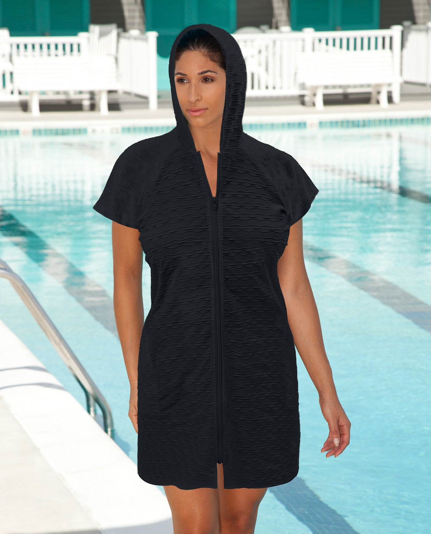 HOOD UP FRONT VIEW OF AQUAMORE SOLID TEXTURED ZIPPER HOODIE COVER UP TUNIC | 017 AQM TEXTURED BLACK