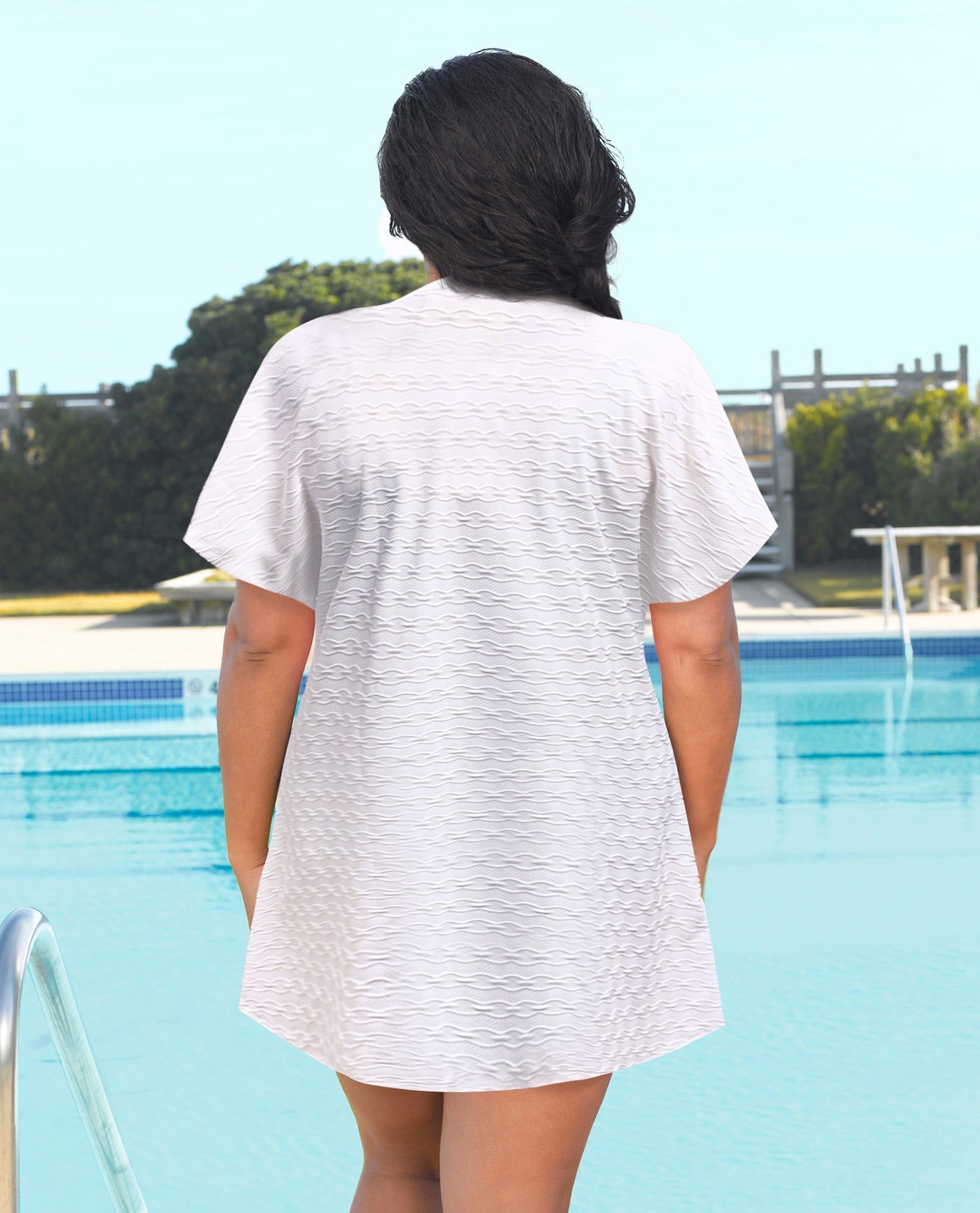 BACK VIEW OF AQUAMORE SOLID TEXTURED CAP SLEEVE BUTTON UP PLUS SIZE COVER UP TUNIC | 016 AQM TEXTURED CREAM