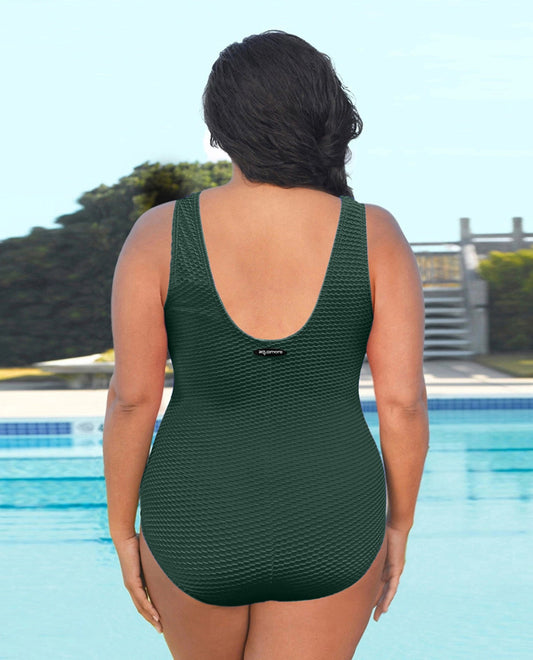 Back of Chlorine Resistant Aquamore Hunter Solid Textured High Neck Plus Size Swimsuit | 505 AQT TEXTURED HUNTER