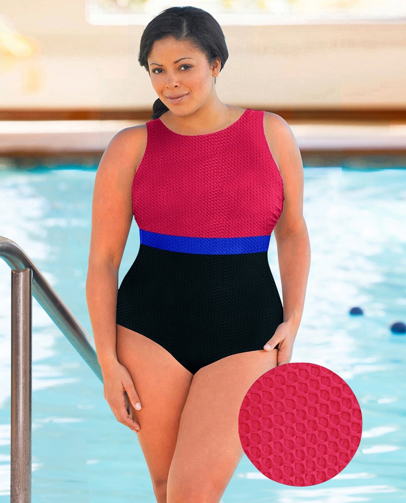 FRONT VIEW OF CHLORINE RESISTANT AQUAMORE COLOR BLOCK TEXTURED HIGH NECK PLUS SIZE SWIMSUIT | 611 AQT TEXTURED RASPBERRY