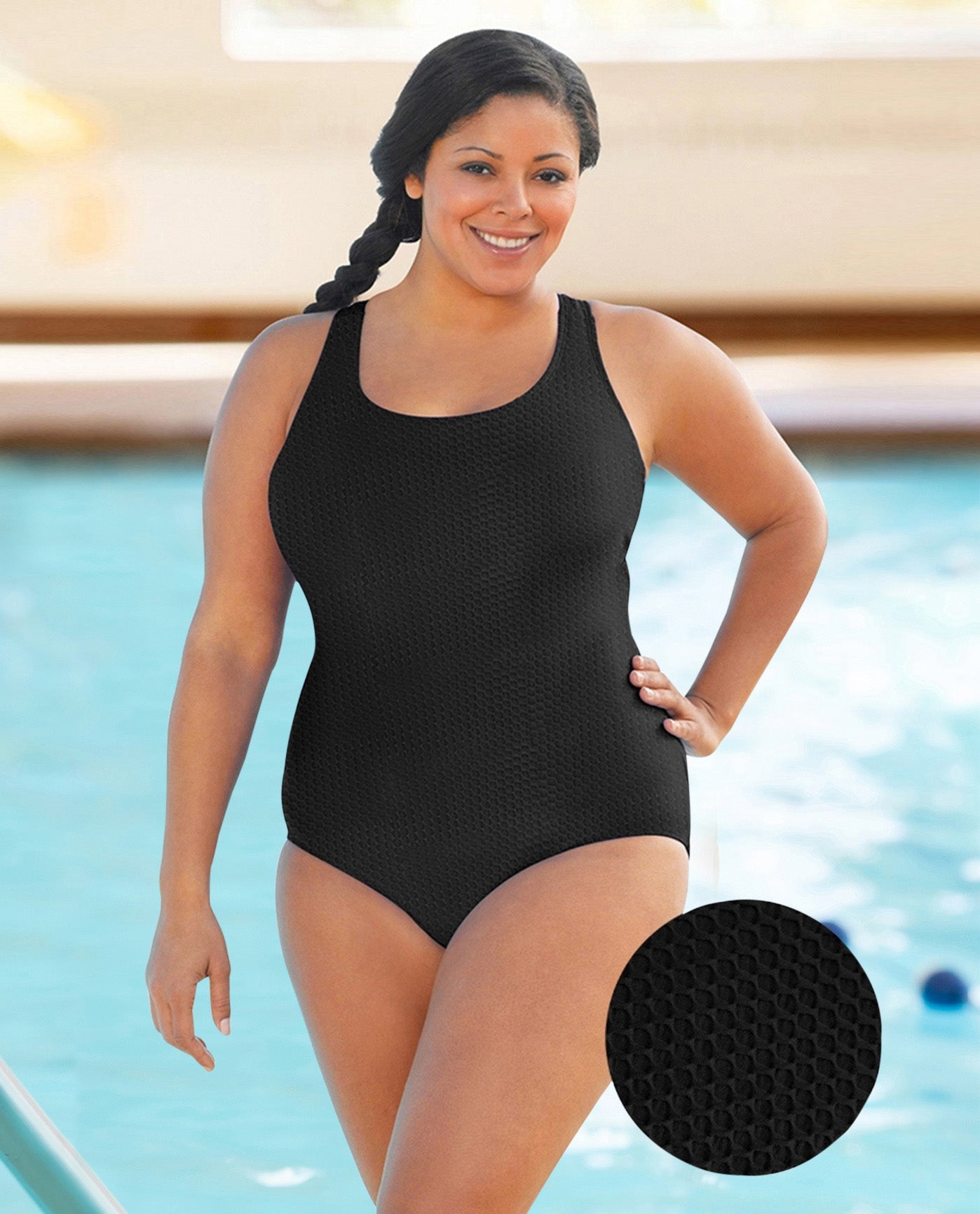 FRONT VIEW OF CHLORINE RESISTANT AQUAMORE SOLID TEXTURED SCOOP NECK PLUS SIZE SWIMSUIT | 502 AQT TEXTURED BLACK
