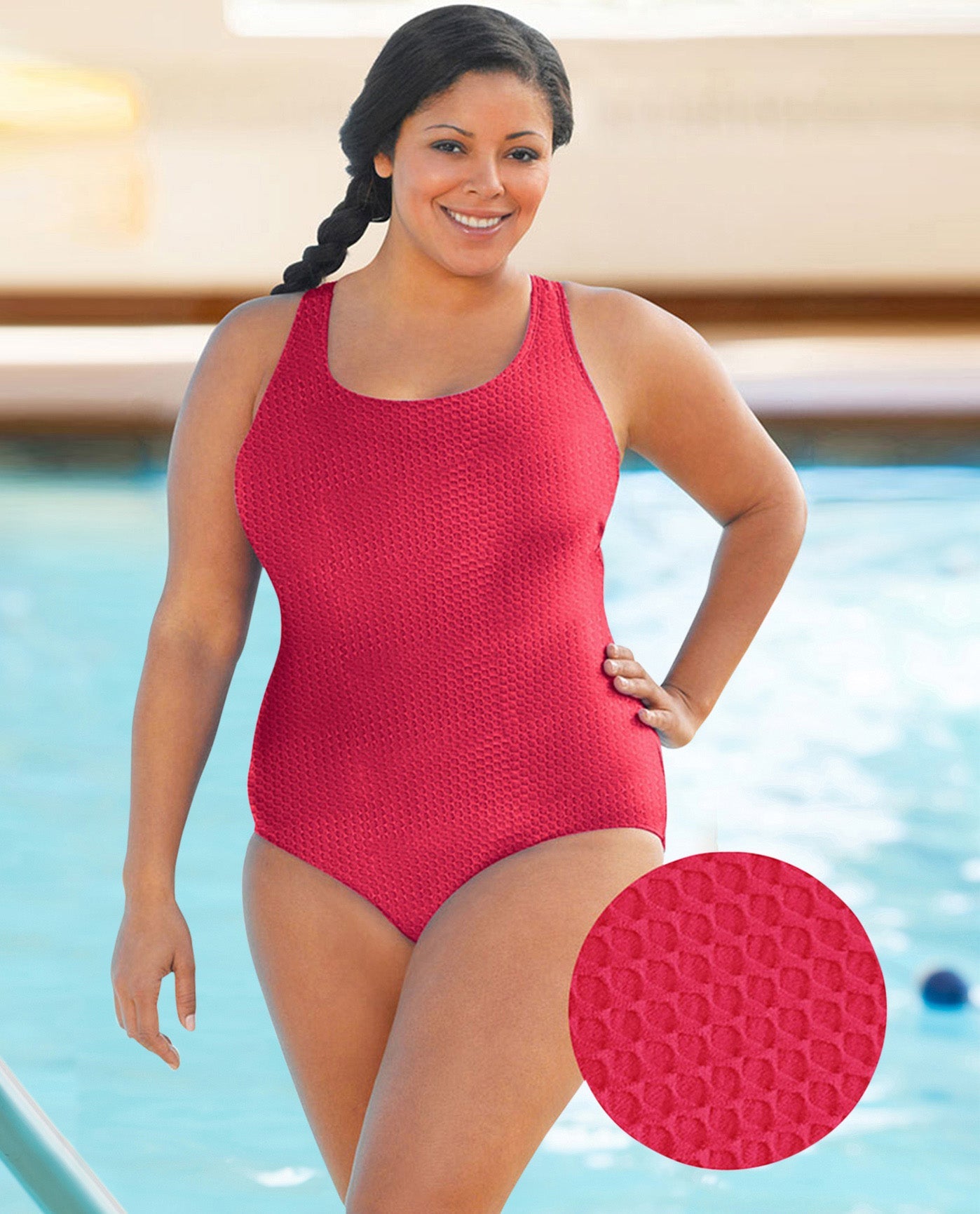 FRONT VIEW OF CHLORINE RESISTANT AQUAMORE SOLID TEXTURED SCOOP NECK PLUS SIZE SWIMSUIT | 511 AQT TEXTURED RASPBERRY