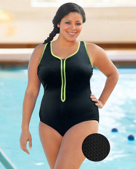 FRONT OF CHLORINE RESISTANT AQUAMORE COLOR BLOCK TEXTURED ZIPPER SWEETHEART NECK PLUS SIZE SWIMSUIT | 614 AQT TEXTURED CHARTREUSE