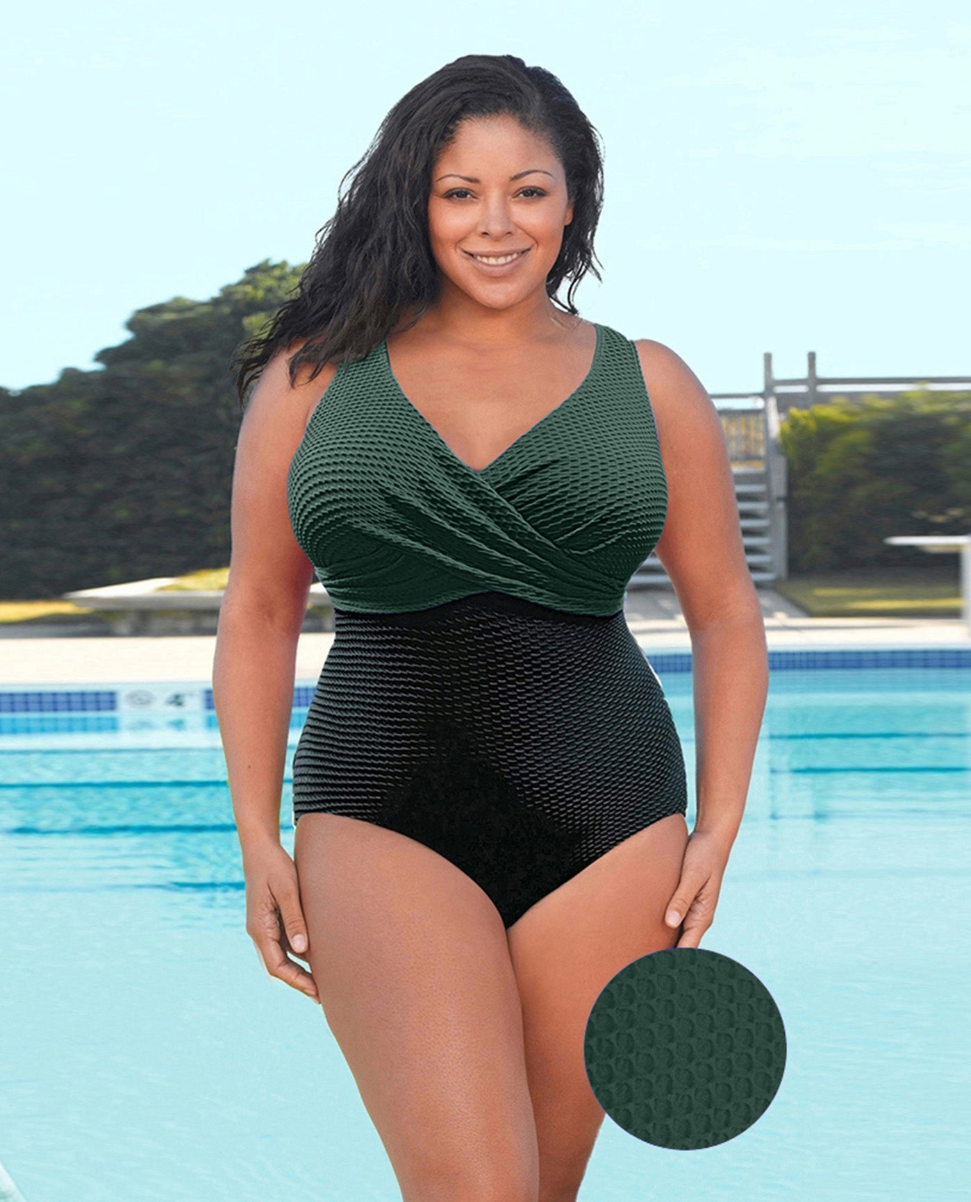 FRONT VIEW OF CHLORINE RESISTANT AQUAMORE COLOR BLOCK TEXTURED TWIST FRONT PLUS SIZE SWIMSUIT | 617 AQT TEXTURED HUNTER