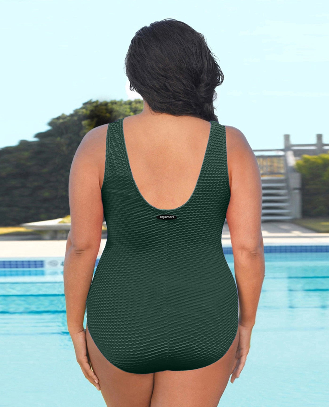 BACK VIEW OF CHLORINE RESISTANT AQUAMORE SOLID TEXTURED HIGH NECK PLUS SIZE LONG TORSO SWIMSUIT | 505 AQT TEXTURED HUNTER