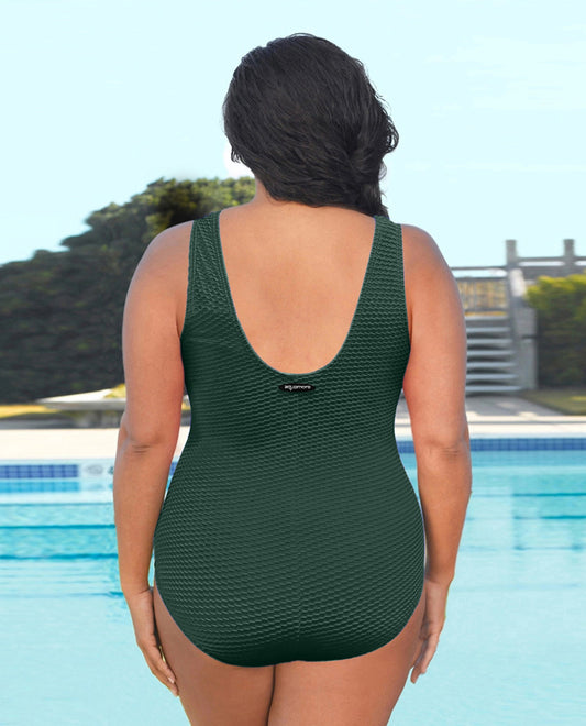 Chlorine Resistant Aquamore Solid Textured Shirred Front One Piece